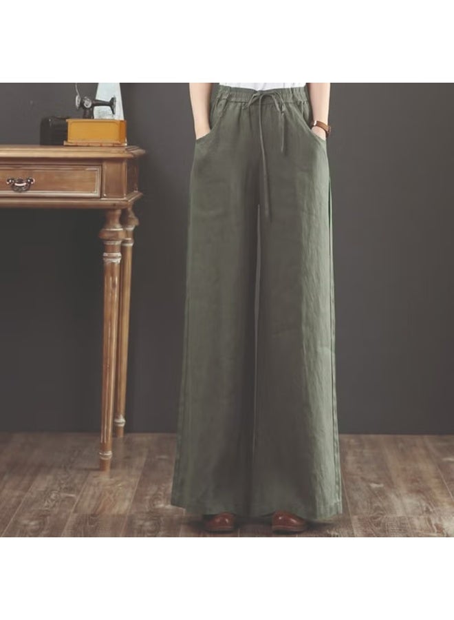 Barbora Linen Casual Trousers with Elastic Waistband and Lace-Up LN12HAKI7 - Image 2